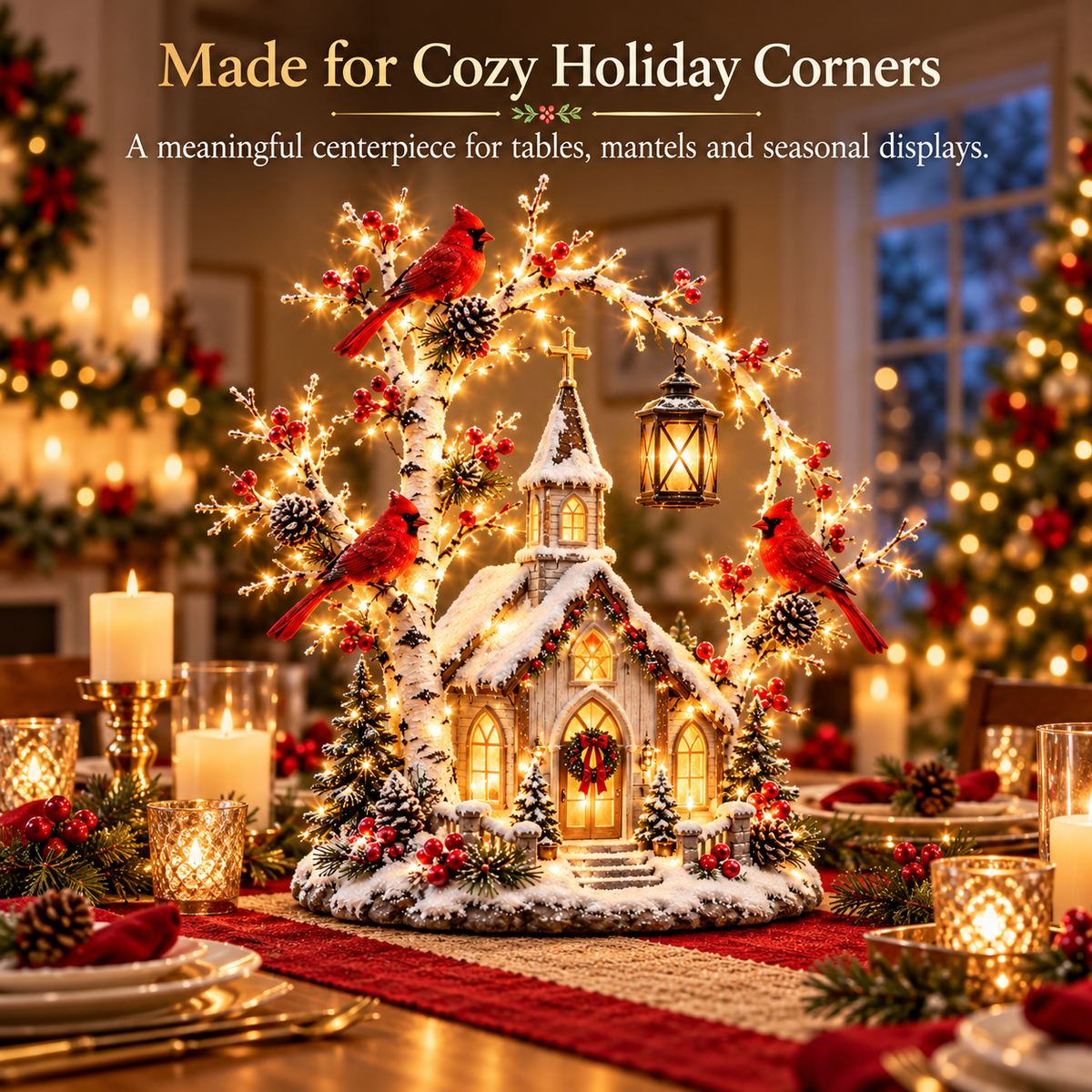 🐦⛪✨ Cardinal Chapel Lantern Tree™ – Lighted Winter Church Christmas Decor