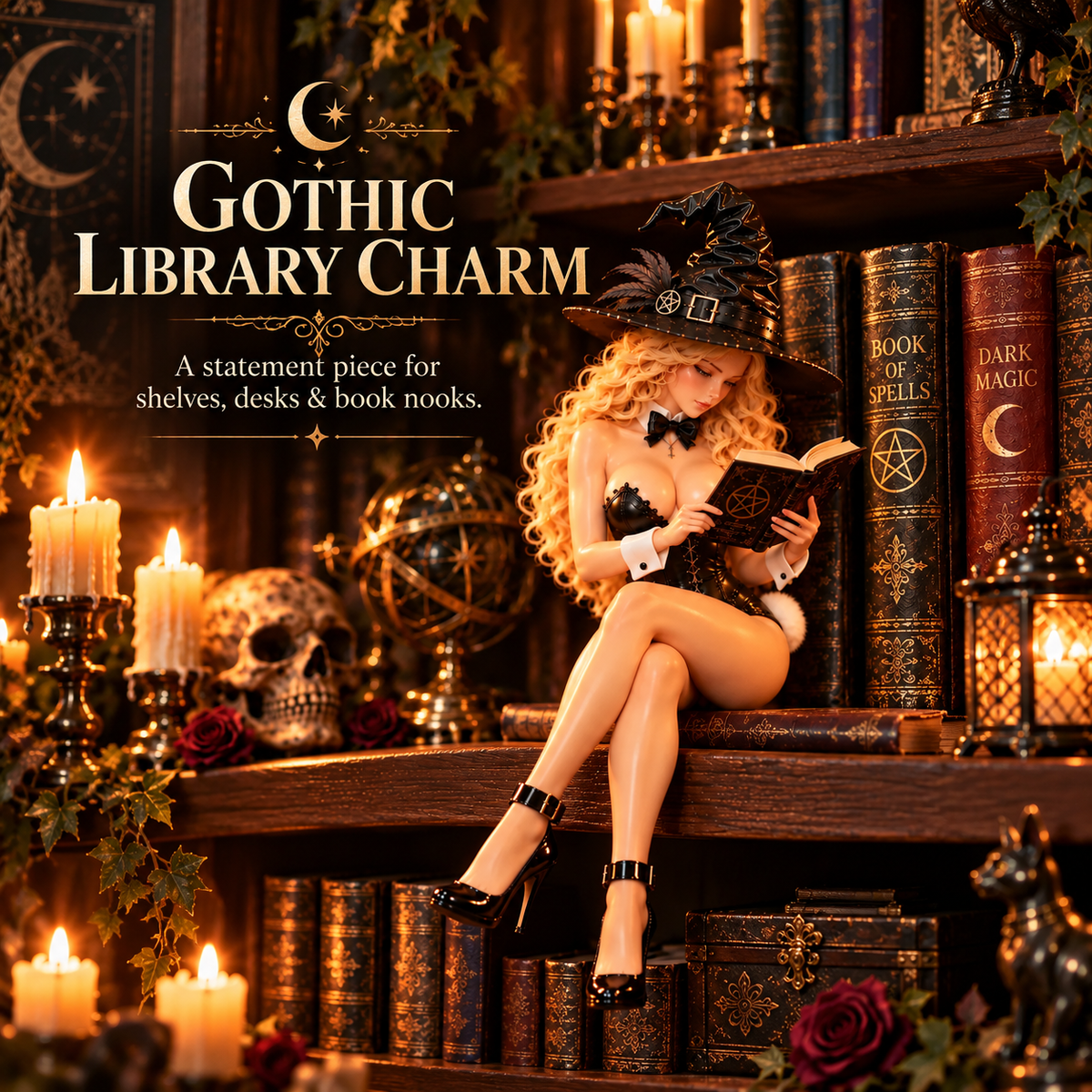 🖤 Witchy Reading Bunny Shelf Sitter | Gothic Rabbit Witch Decor