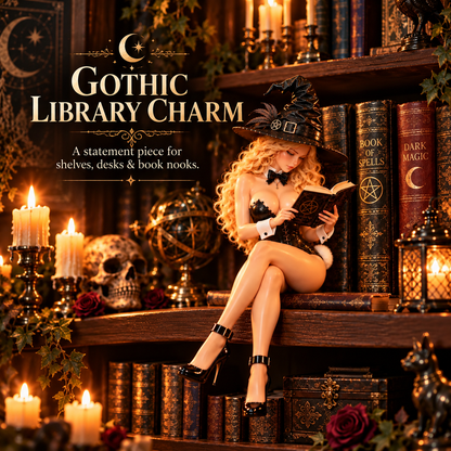 🖤 Witchy Reading Bunny Shelf Sitter | Gothic Rabbit Witch Decor