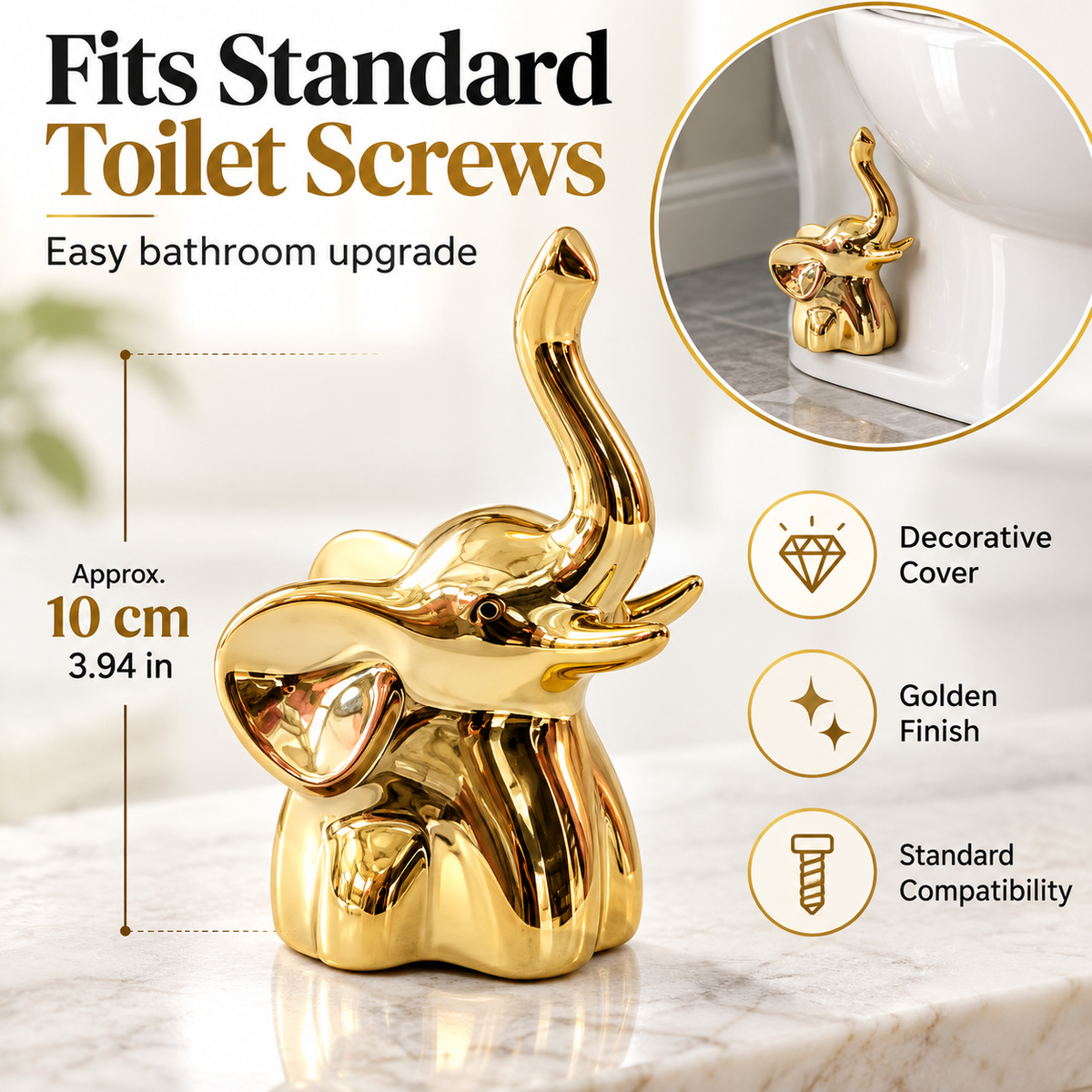🐘✨Golden Lucky Elephant Toilet Bolt Caps | Trunk-Up Prosperity Bathroom Decor