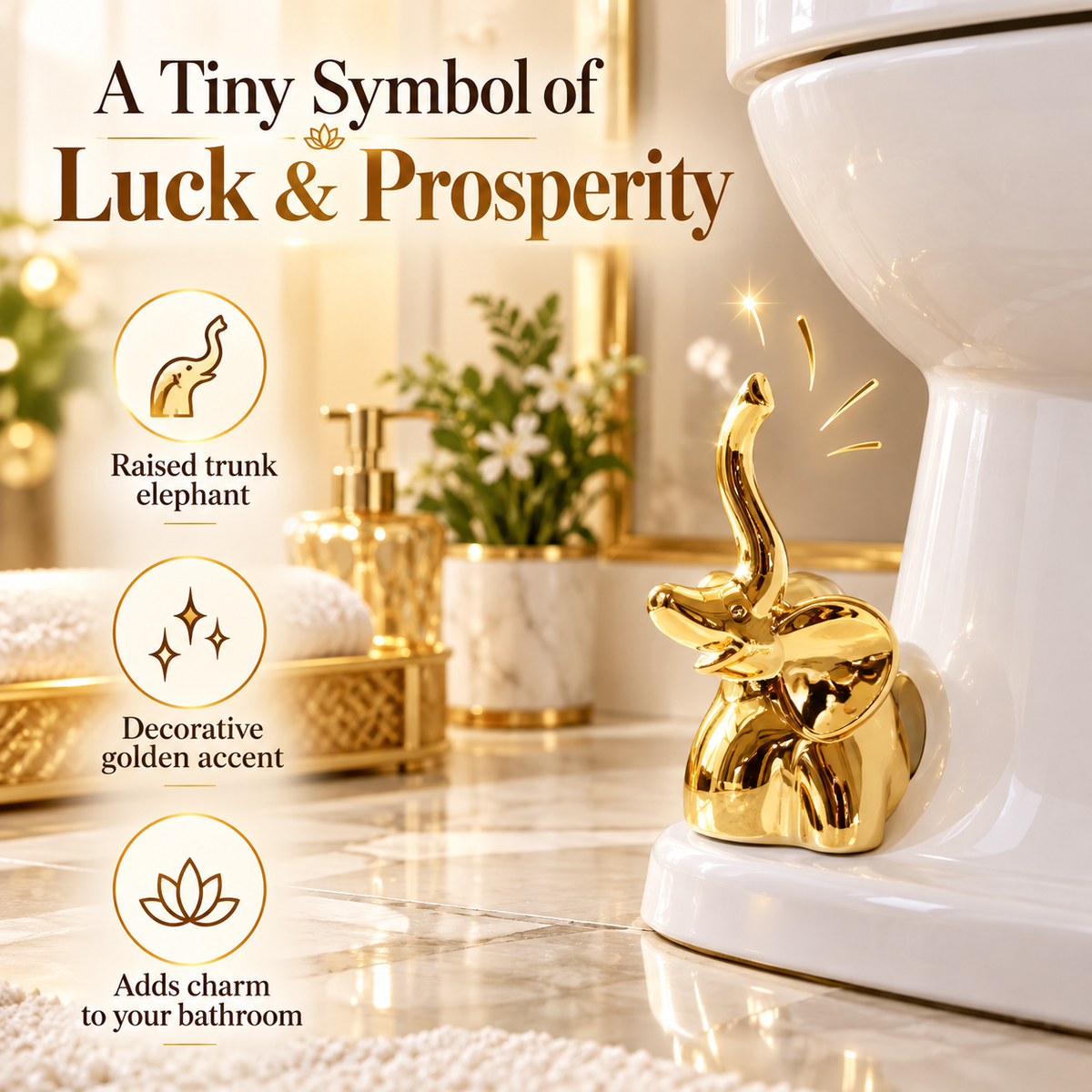 🐘✨Golden Lucky Elephant Toilet Bolt Caps | Trunk-Up Prosperity Bathroom Decor