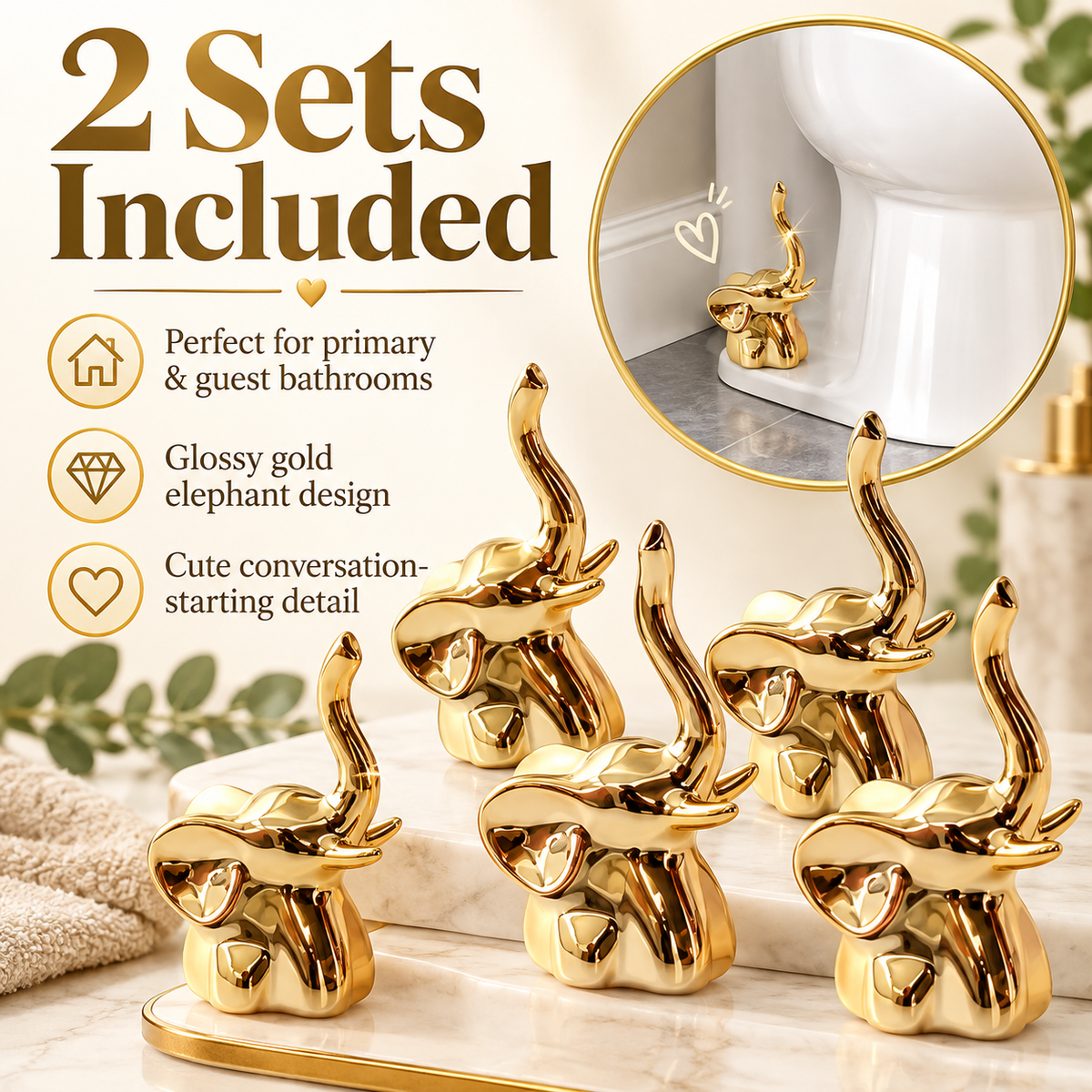 🐘✨Golden Lucky Elephant Toilet Bolt Caps | Trunk-Up Prosperity Bathroom Decor