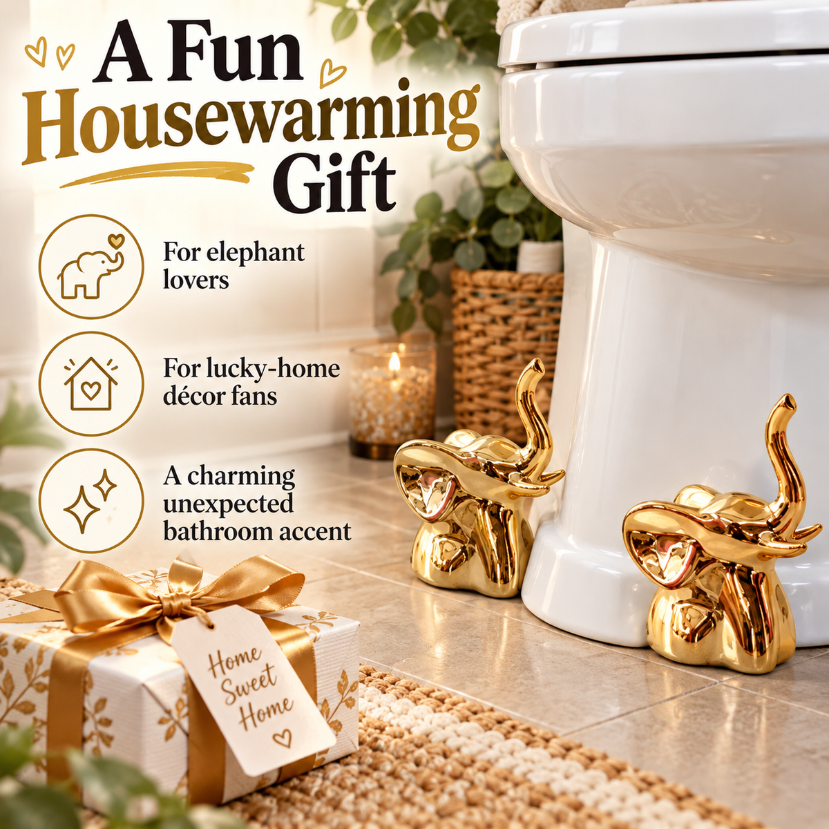 🐘✨Golden Lucky Elephant Toilet Bolt Caps | Trunk-Up Prosperity Bathroom Decor
