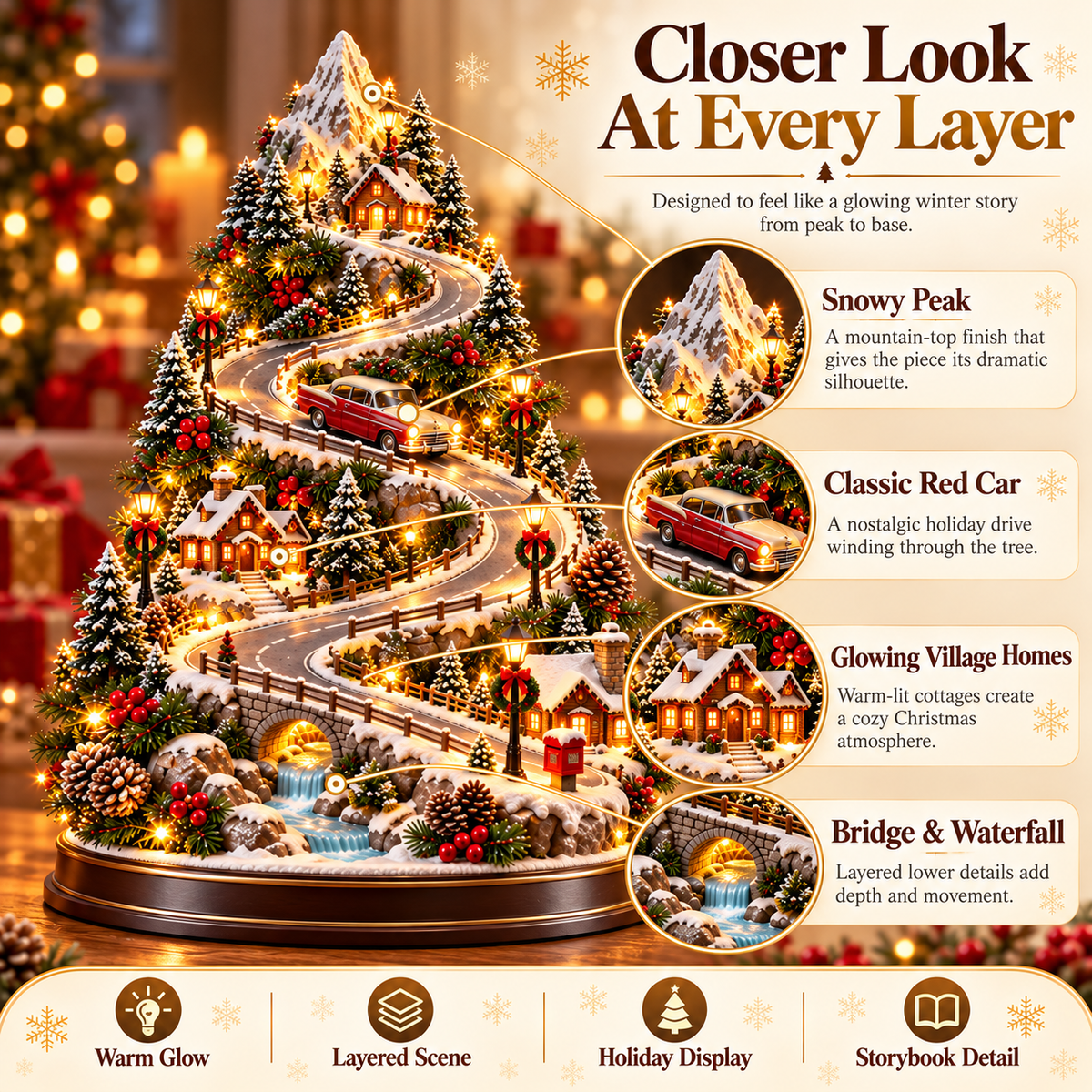 🚗🏔️ Mountain Christmas Village – Lighted Tree with Moving Vintage Car