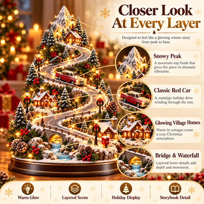 🚗🏔️ Mountain Christmas Village – Lighted Tree with Moving Vintage Car