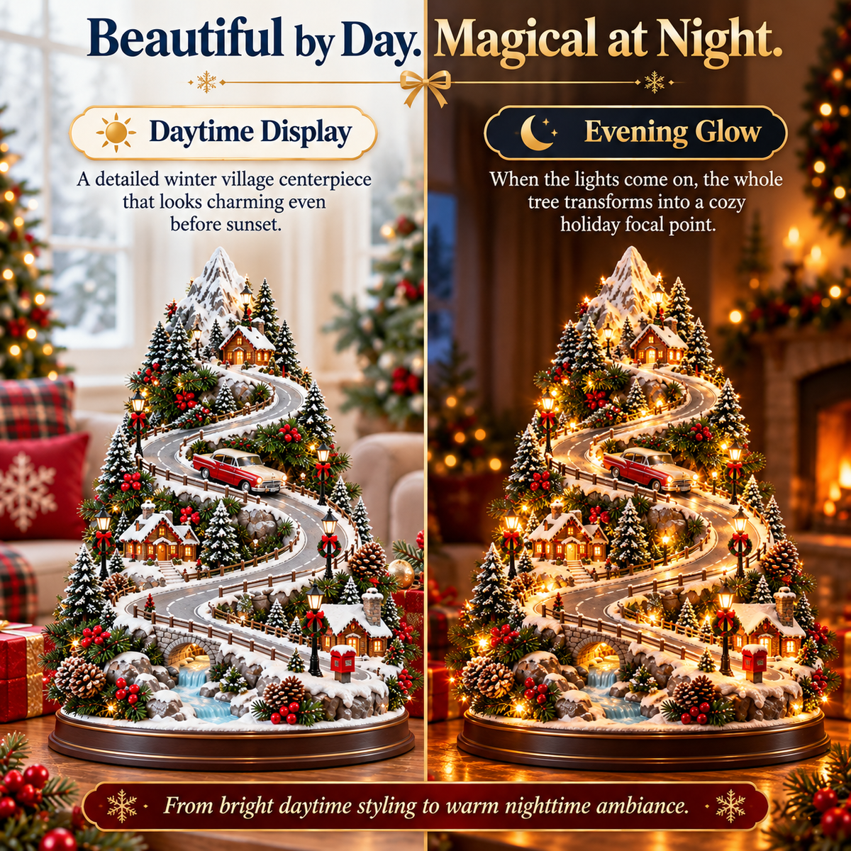 🚗🏔️ Mountain Christmas Village – Lighted Tree with Moving Vintage Car