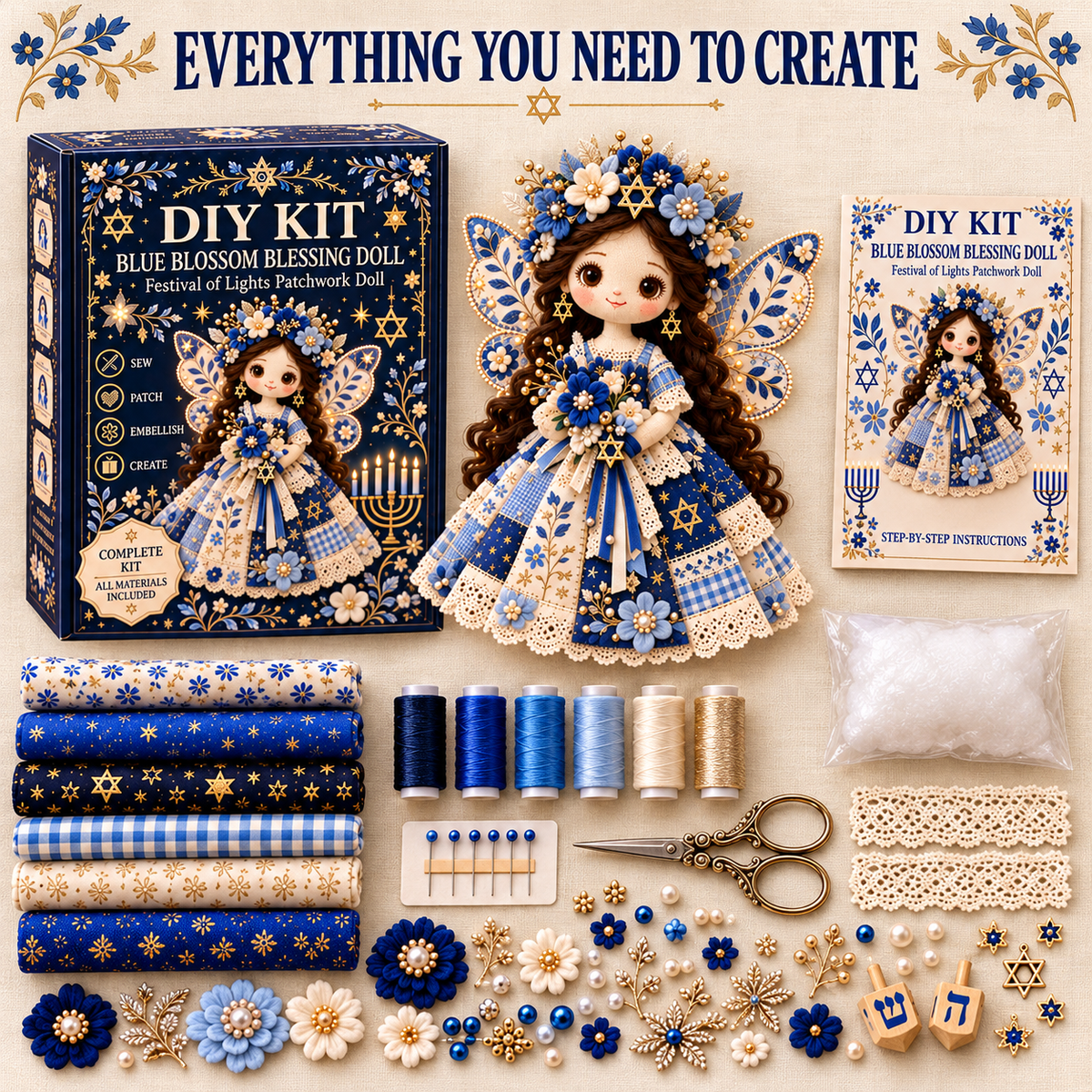 🕎🧵 Festival of Lights Friends™ | Hanukkah Patchwork Doll DIY Kit – 3 Designs