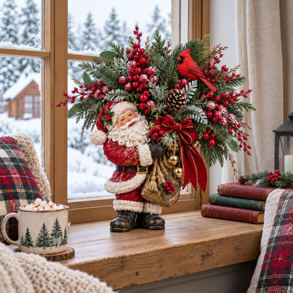 Lighted Santa & Cardinal Christmas Arrangement with Remote & Timer