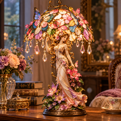 🦋 Where Butterflies Become Art | Floral Goddess Lamp with Crystal Drops ✨