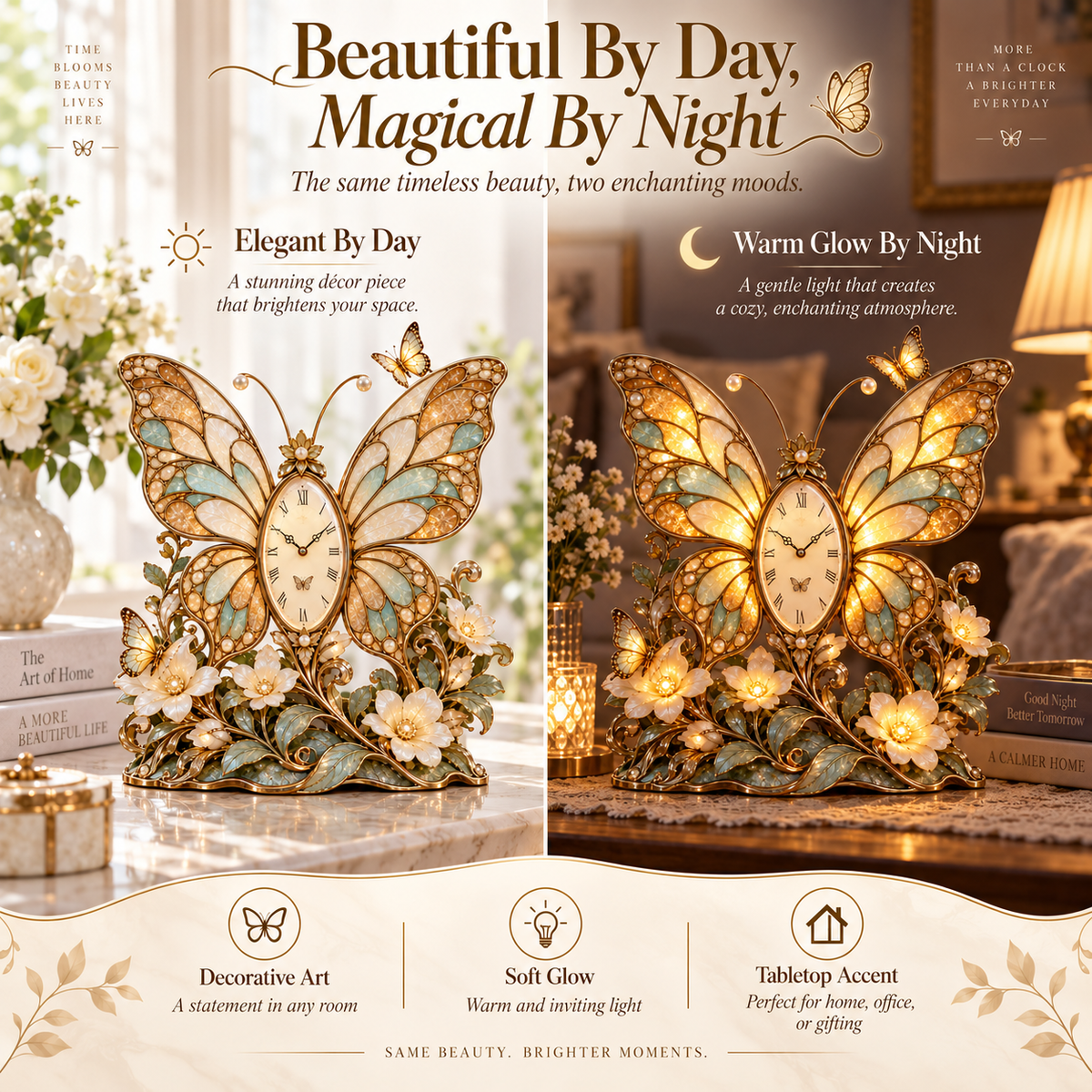 🔥Last Day 50%OFF🦋 Butterfly Afterglow™ | Lighted Butterfly Floral Table Clock