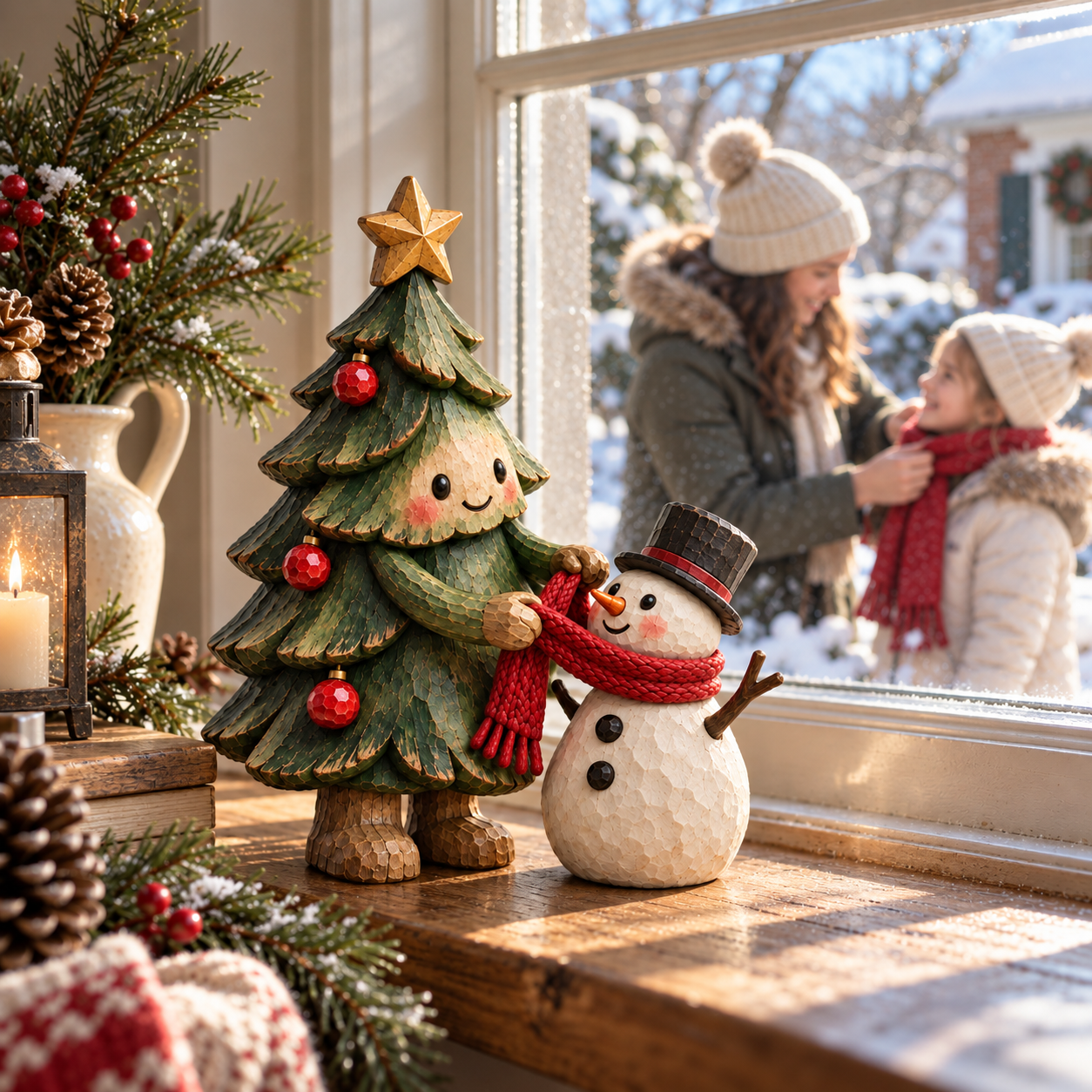 Detailed Christmas tree and snowman figurine