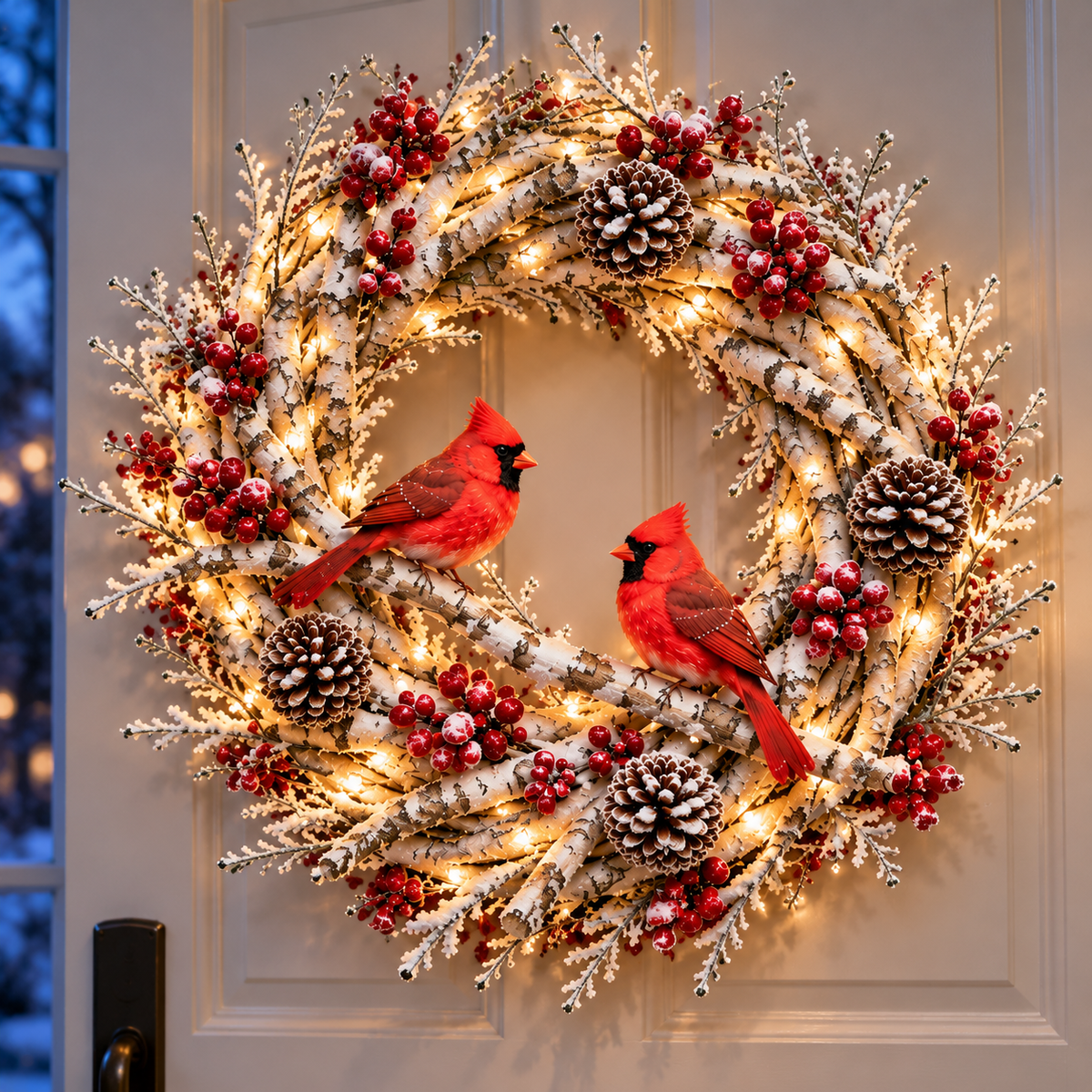🔥 LAST DAY 49% OFF 🔥 Snowy Birch Cardinal Wreath™ – Lighted Christmas Door Wreath with Paired Red Cardinals, Berries & Pinecones ❤️🎄✨