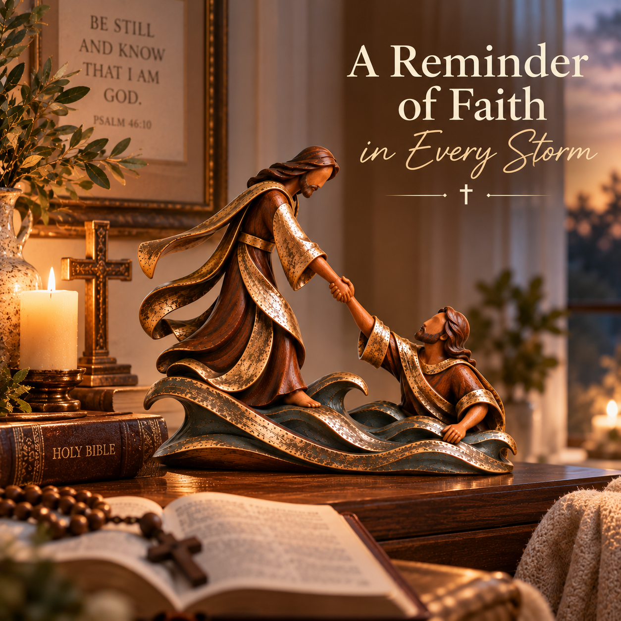 Jesus and Peter sculpture displayed beside an open Bible in a warm prayer space