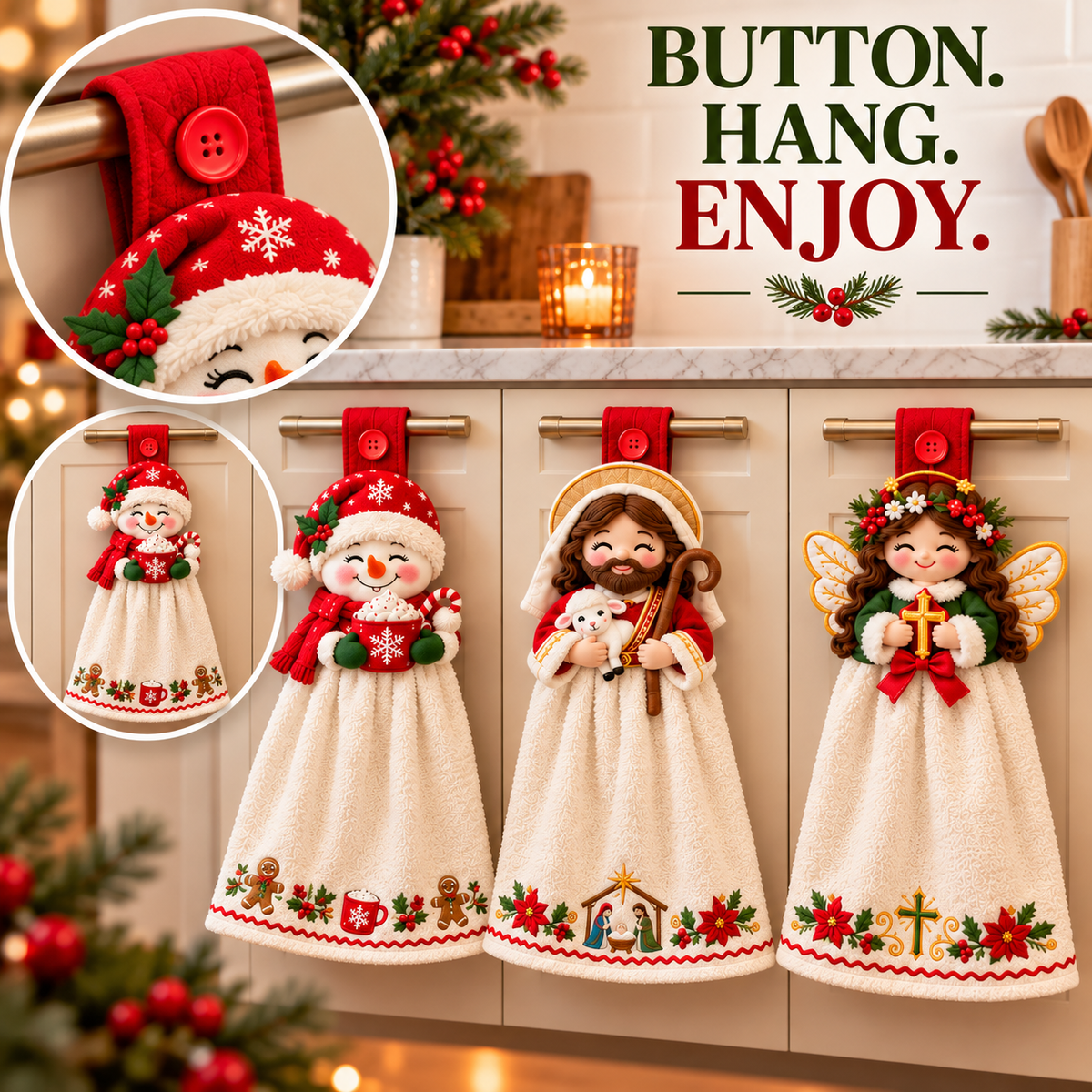 🎄 Christmas Joy – 3D Character Hanging Hand Towels for Kitchen & Bathroom