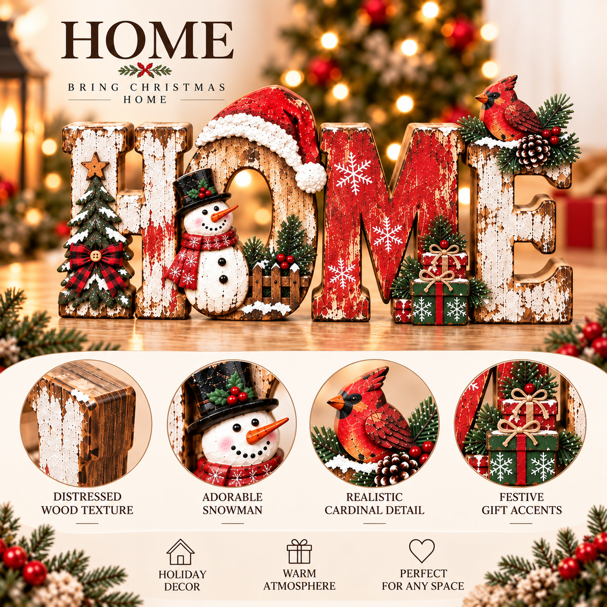🎄 Rustic Christmas HOME Sign with Snowman & Cardinal 🐦