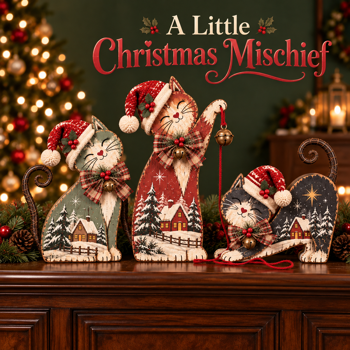 🐾🎄 Christmas Mischief Cats™ | Lighted Vintage Holiday Trio
