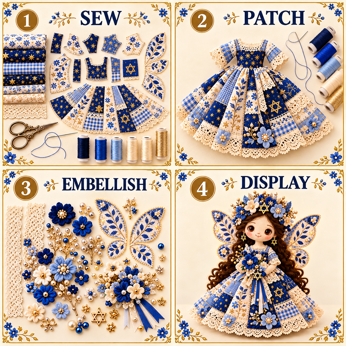 🕎🧵 Festival of Lights Friends™ | Hanukkah Patchwork Doll DIY Kit – 3 Designs
