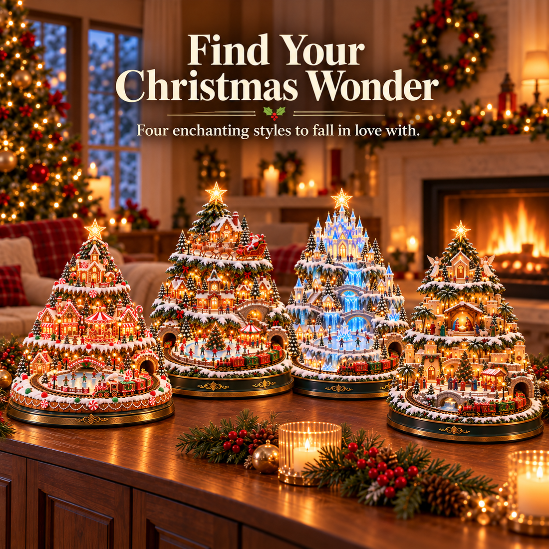 Four lighted three-tier Christmas village tree designs