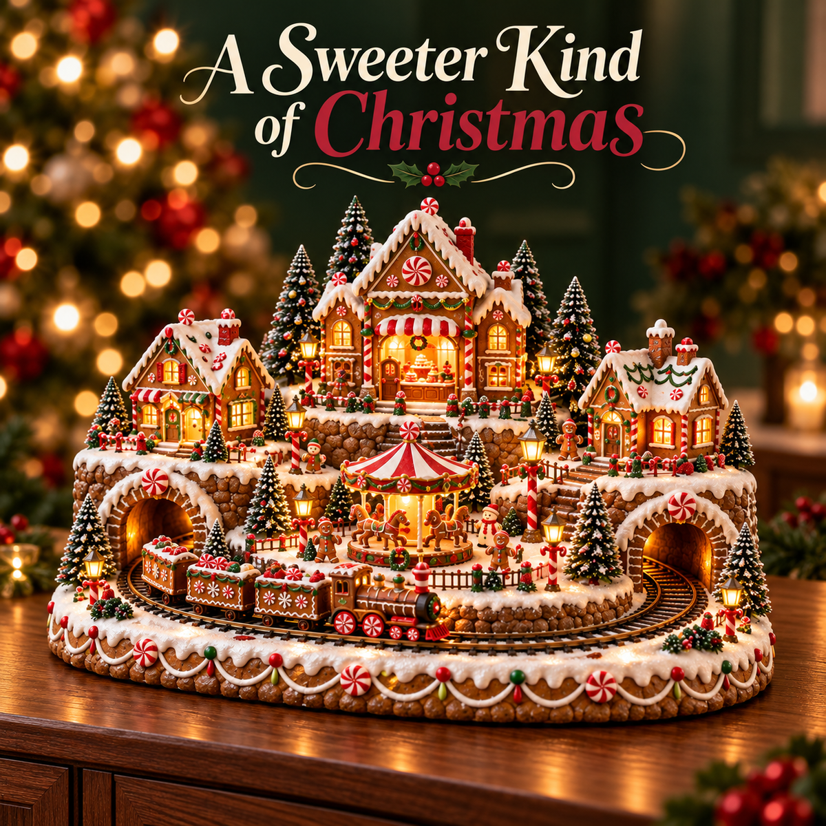 🍪🚂 Gingerbread Christmas World™ | Animated Lighted Village with Moving Train & Carousel