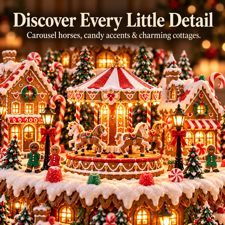 Gingerbread carousel and candy village detail