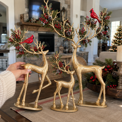 ✨ Cardinal Woodland Reindeer™ – Lighted Golden Christmas Deer Decorations