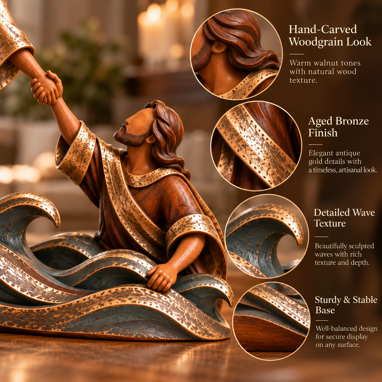 Close-up details of the woodgrain finish, antique gold accents and sculpted waves