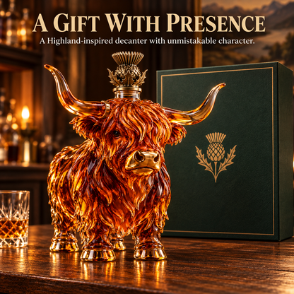 🐂🥃 Highland Spirit™ – Sculptural Highland Cow Whiskey Decanter & Bar Centerpiece