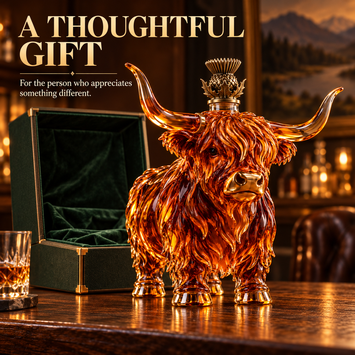 🐂🥃 Highland Spirit™ – Sculptural Highland Cow Whiskey Decanter & Bar Centerpiece