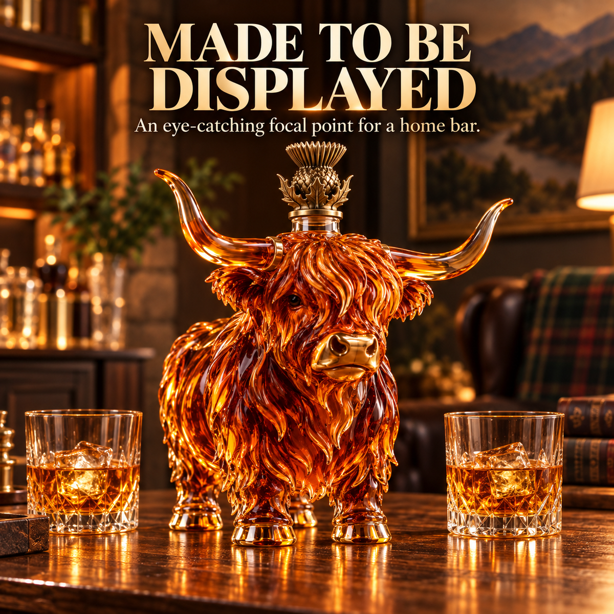 🐂🥃 Highland Spirit™ – Sculptural Highland Cow Whiskey Decanter & Bar Centerpiece