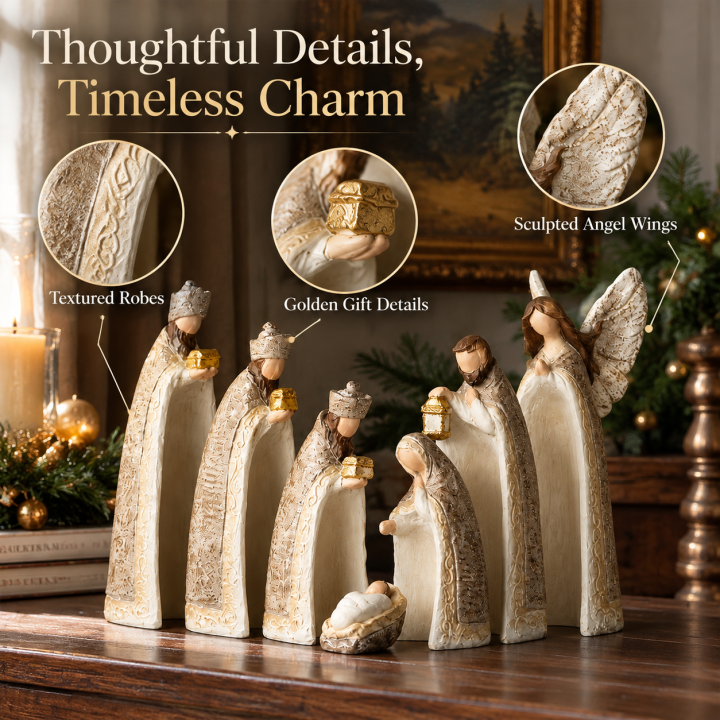 ✝️ Silent Night Nativity Figurine Set – 7-Piece Ivory & Gold Christmas Display