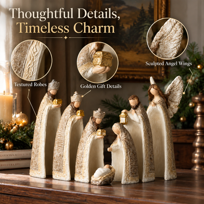 ✝️ Silent Night Nativity Figurine Set – 7-Piece Ivory & Gold Christmas Display