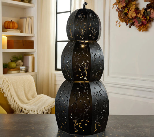 Last Day Offer | Set of 3 LED Lighted Stackable Skeleton Metal Pumpkins with Timer, Spooky Halloween Home Decor