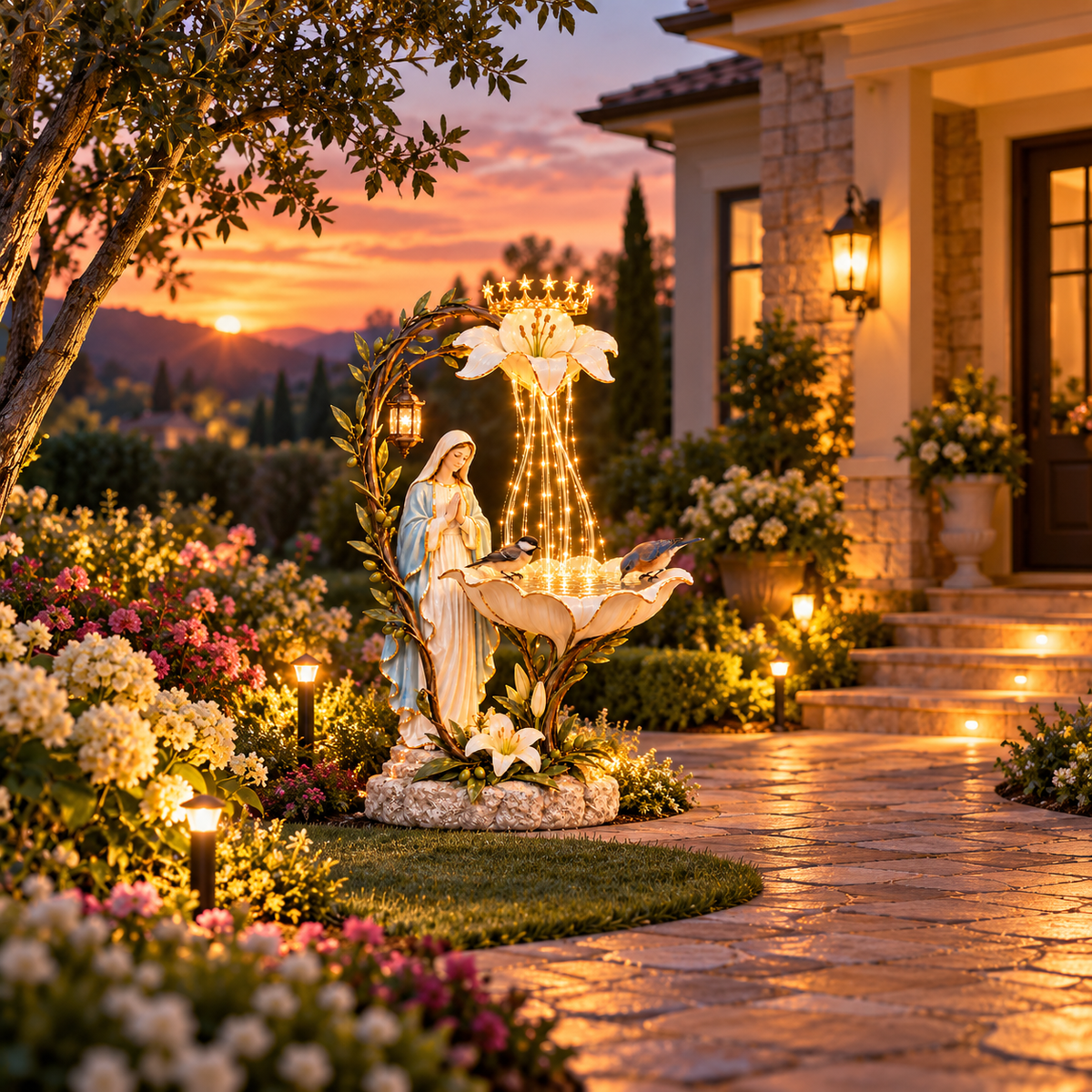 ✨ Blessed Mother Lilyfall™ – Cascading Lighted Marian Garden Fountain 🕊️