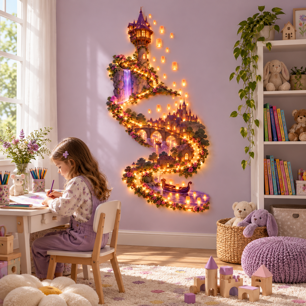 🏰✨ Enchanted Fairytale Castle™ – Magical Glowing Waterfall Wall Light with Floating Lanterns | Dreamy Bedroom Decor 🌙