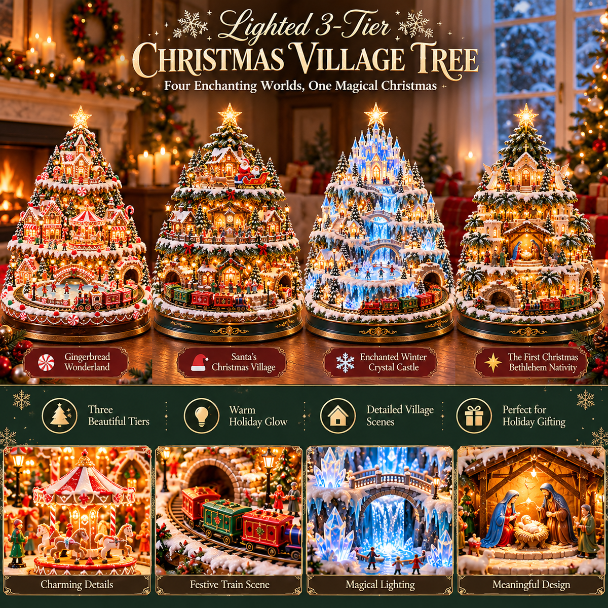 🎄 Lighted 3-Tier Christmas Village Tree – Magical Holiday Tabletop Decor