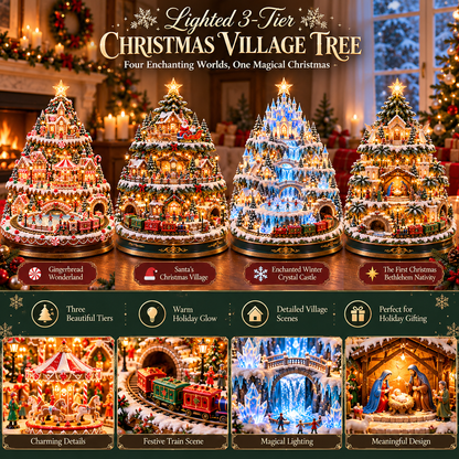 🎄 Lighted 3-Tier Christmas Village Tree – Magical Holiday Tabletop Decor