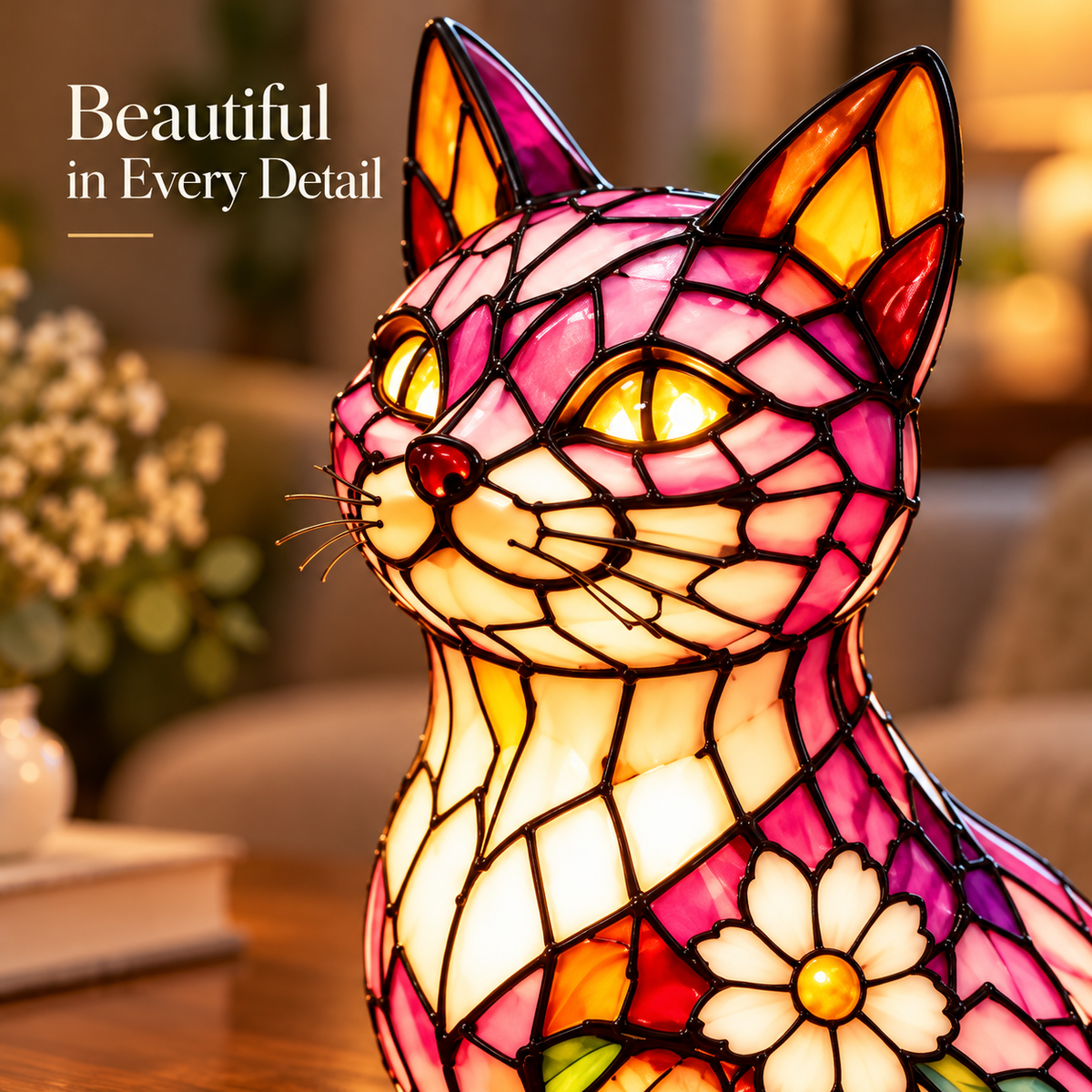 🌸🐱 Floral Mosaic Cat Lamp – A Warm Glow for Every Cat Lover’s Home