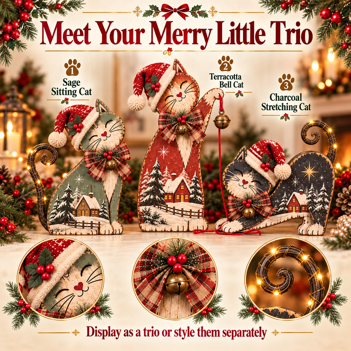 🐾🎄 Christmas Mischief Cats™ | Lighted Vintage Holiday Trio