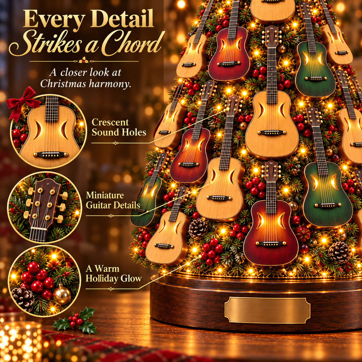 Close-up of miniature acoustic guitars and glowing Christmas decorations
