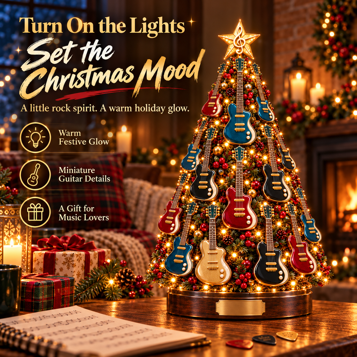 Lighted acoustic guitar Christmas tree with golden musical note themed details