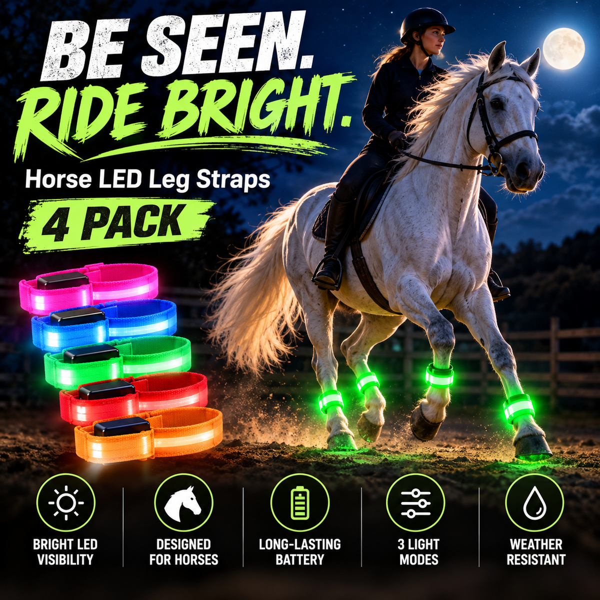 🐎 Horse LED Leg Straps – 4 Pack | Rechargeable Night Riding Safety Lights | Adjustable Velcro Fit for Horses of All Sizes ✨