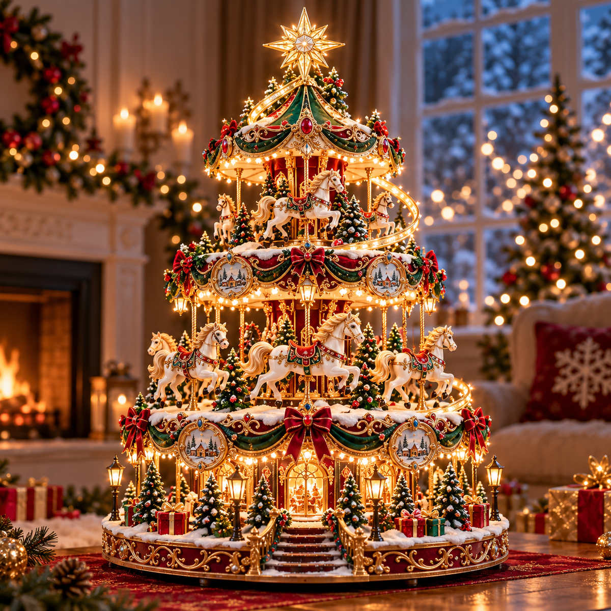 🎠✨ Enchanted Carousel Christmas Tree™ – Lighted 3-Tier Holiday Centerpiece