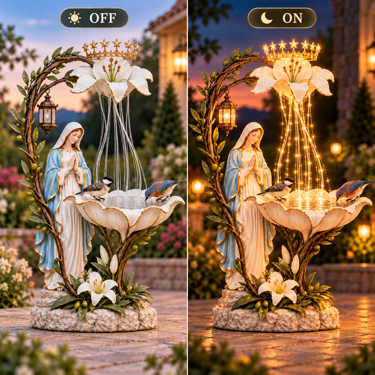 ✨ Blessed Mother Lilyfall™ – Cascading Lighted Marian Garden Fountain 🕊️