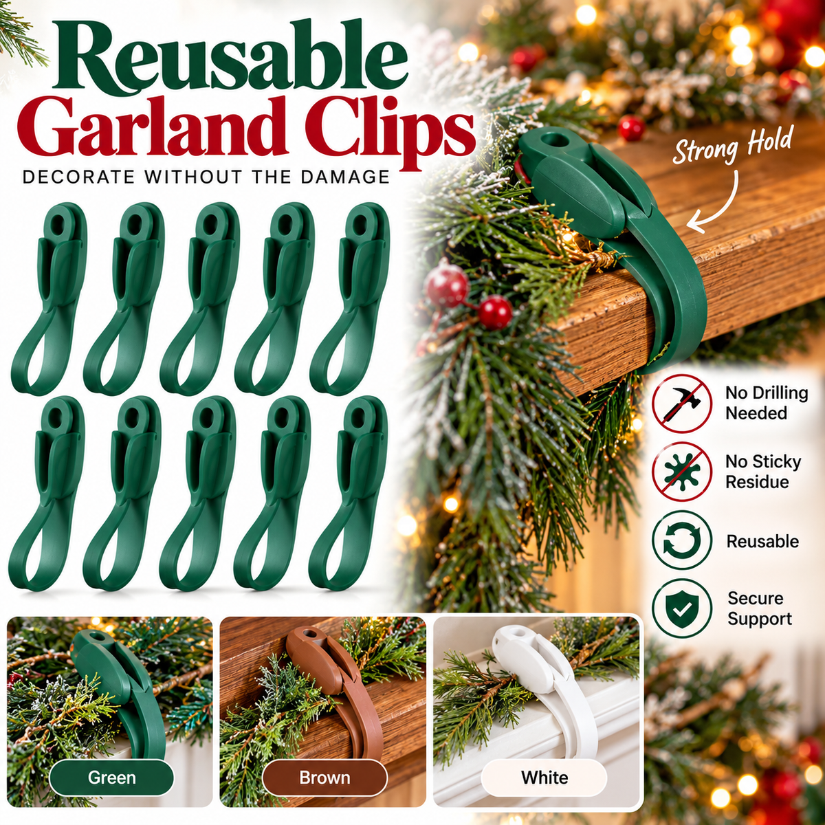 🎄 EverHold™ Reusable Garland Clips – No-Nail Holiday Greenery & Wreath Fasteners