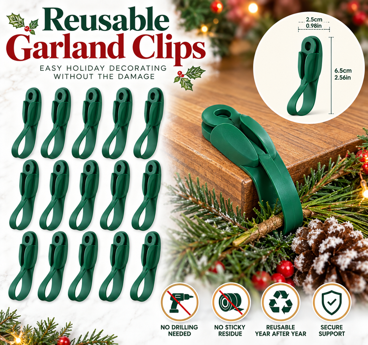 🎄 EverHold™ Reusable Garland Clips – No-Nail Holiday Greenery & Wreath Fasteners