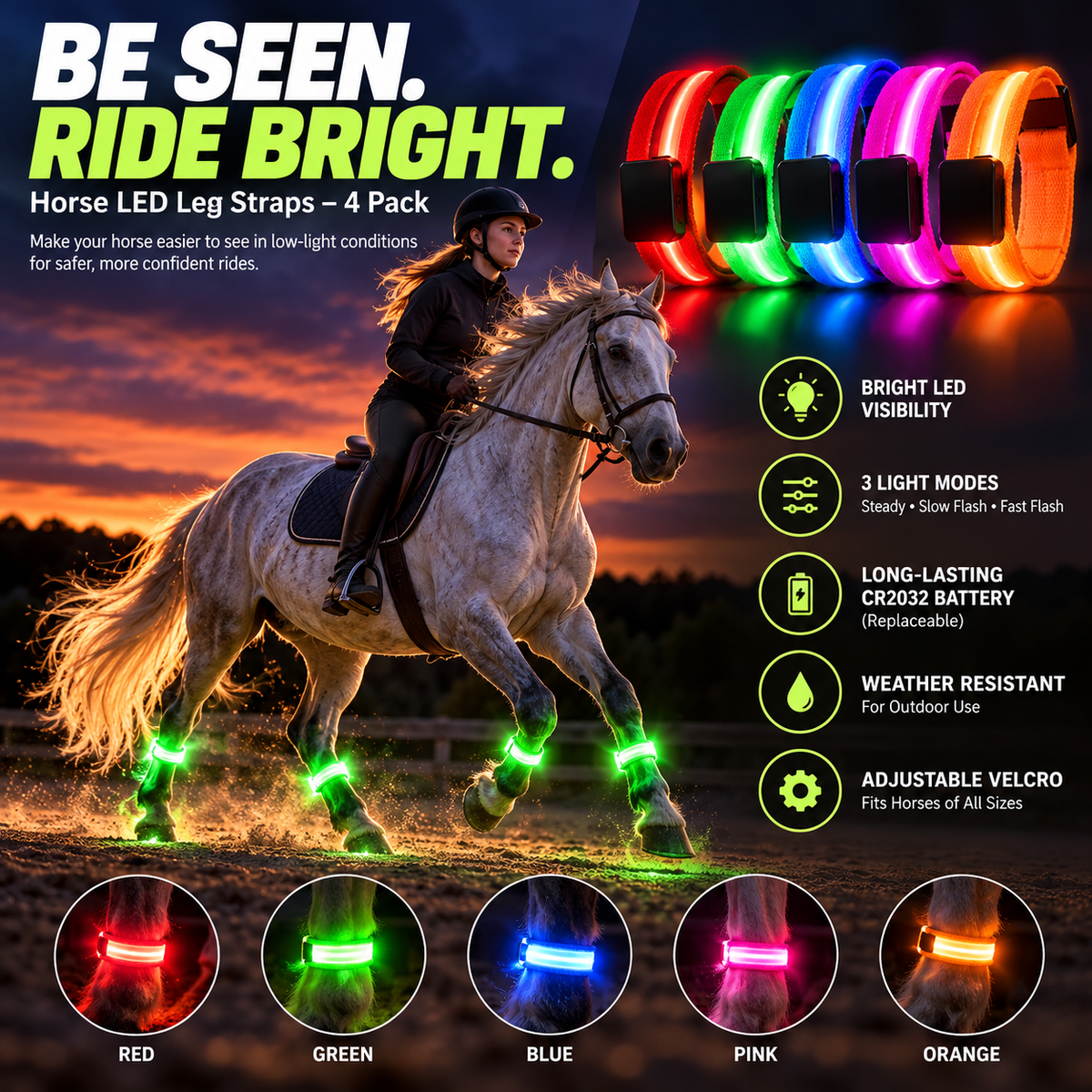 🐎 Horse LED Leg Straps – 4 Pack | Rechargeable Night Riding Safety Lights | Adjustable Velcro Fit for Horses of All Sizes ✨