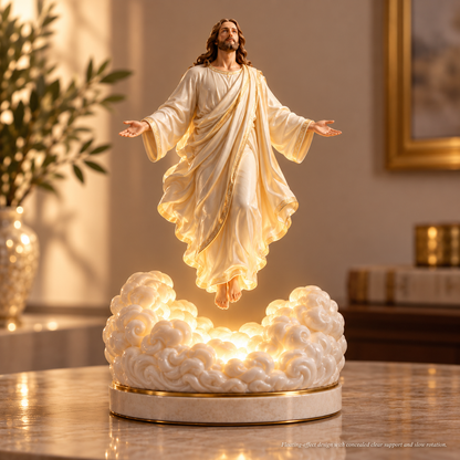 🙏☁️ The Risen Christ Above the Clouds — An Illuminated Religious Sculpture