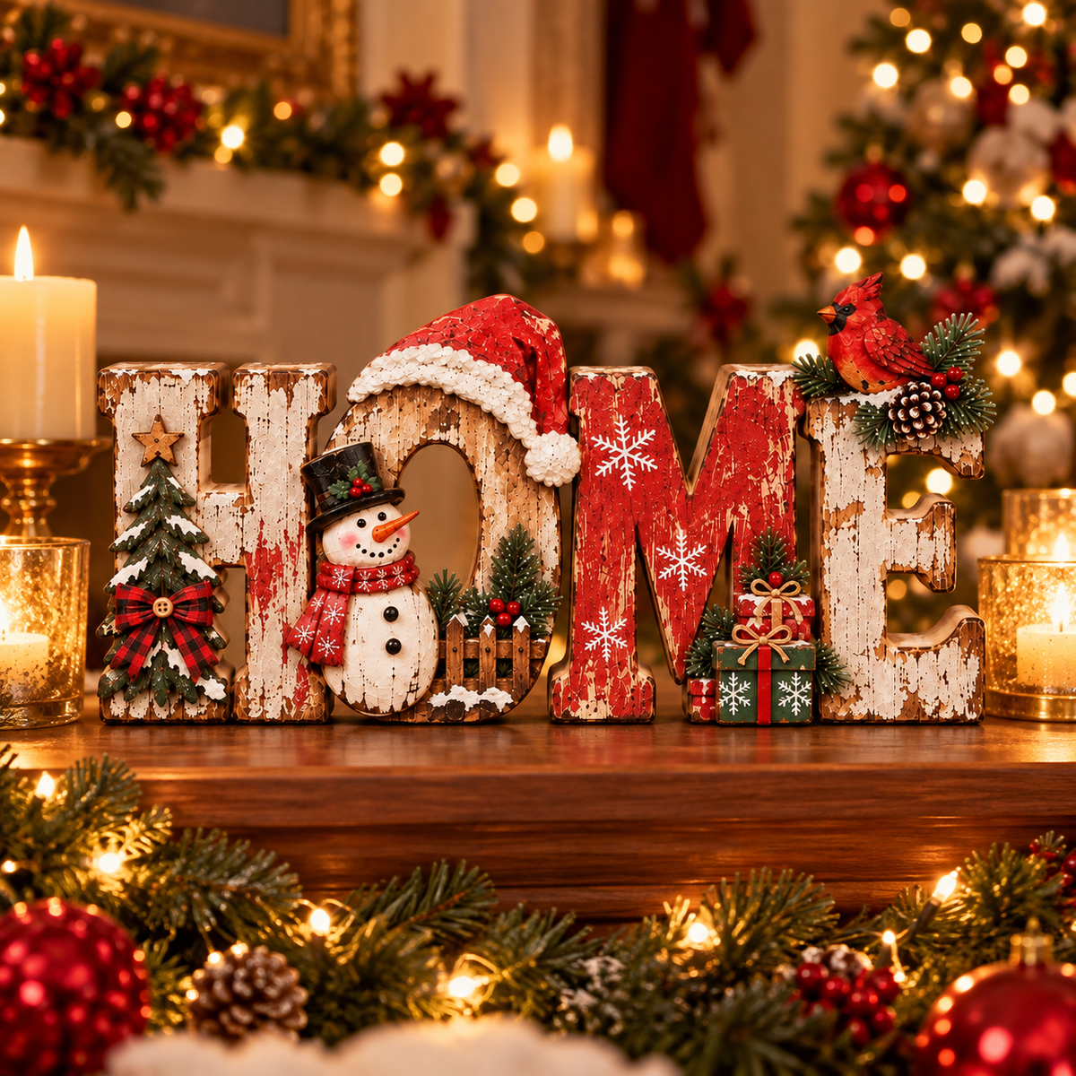 🎄 Rustic Christmas HOME Sign with Snowman & Cardinal 🐦
