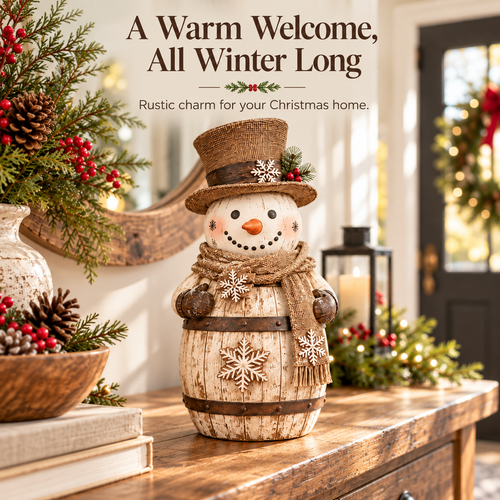 ☃️🎄 Frosted Barrel Snowman™ | Vintage Christmas Figurine