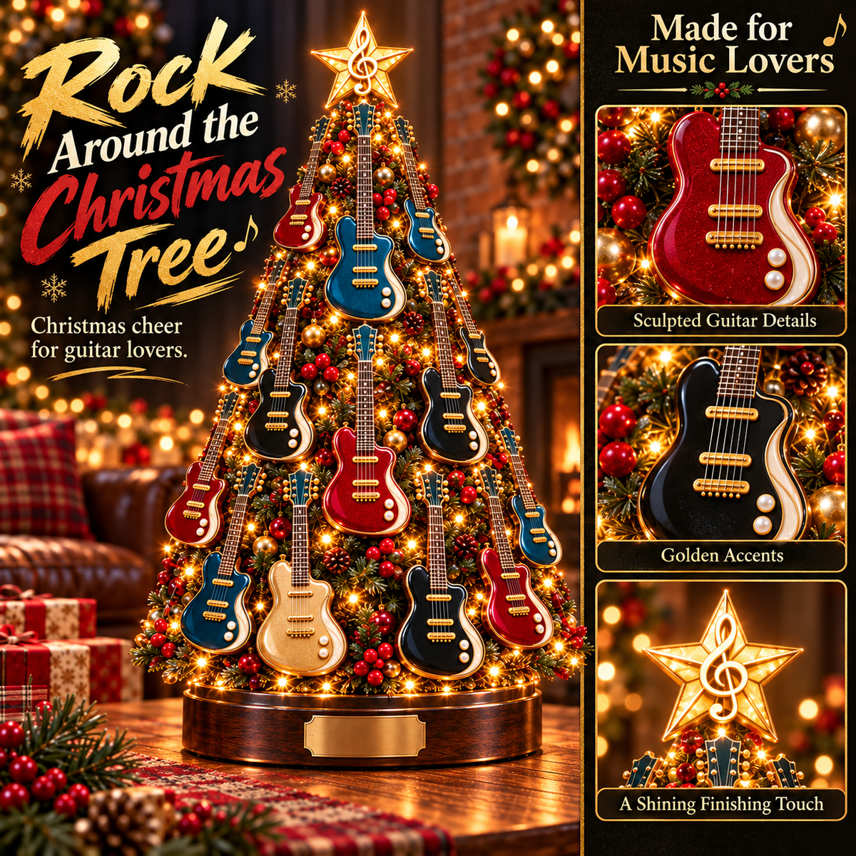 Electric guitar Christmas tree with rock-inspired details and golden lighting